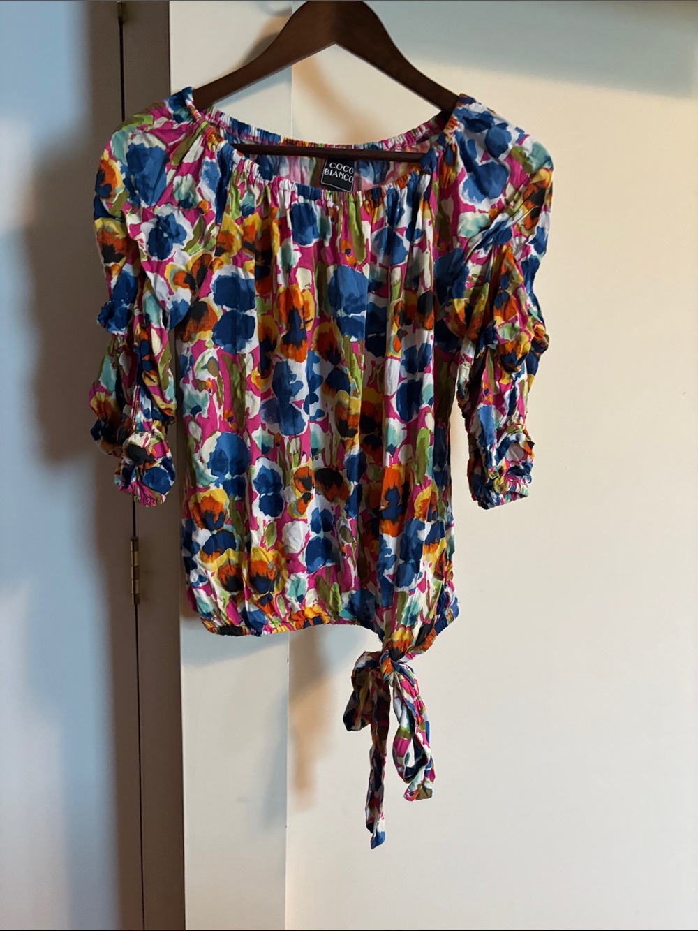 Coco Bianco Multicolor Floral Tie-Front Blouse with Blue & Pink Accents